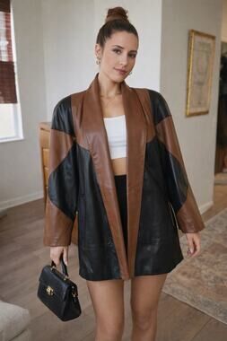 Vintage 80s L ColorBlock Black Brown Oversized Leather Coat Jacket Open Front